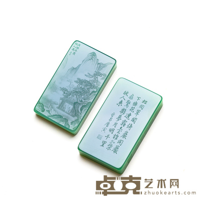 张建时  微雕和田玉鸭蛋青唐寅山水图 规格:6.9×4.0×1.1cm  
重量：91g