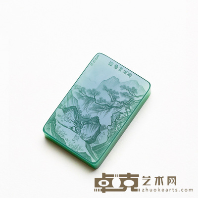 张建时  微雕和田玉鸭蛋青唐寅陶潜赏菊图 规格:5.6×3.7×1.2cm  
重量：73g