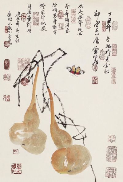 卢坤峰 蝴蝶葫芦闲趣图