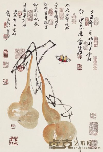 卢坤峰 蝴蝶葫芦闲趣图 44×63cm