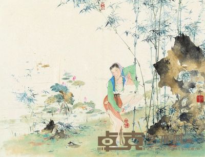 胡也佛 倚竹仕女 30×39cm