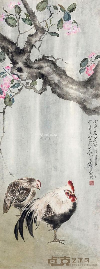 赵少昂 双鸡图 111×42cm