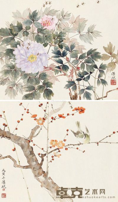 胡藻斌 花鸟 43×50cm×2