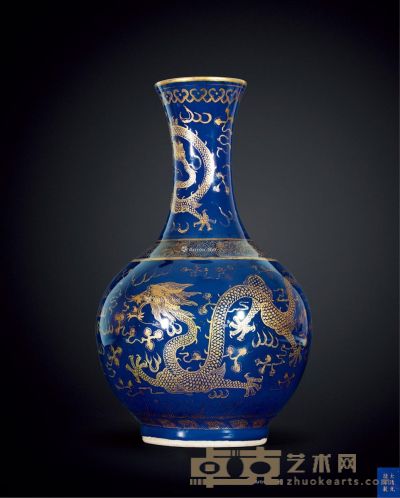 清代 光绪 霁蓝釉描金双龙抢珠纹赏瓶 高39.5cm