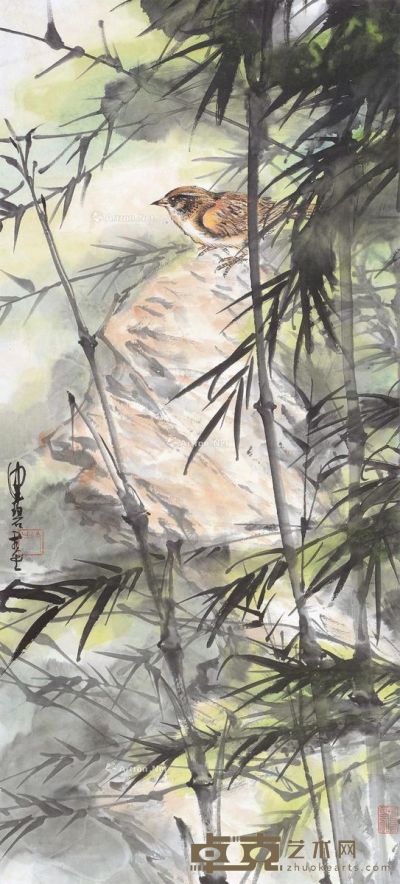 陈佩秋 翠竹小鸟 96×44cm