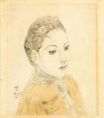 藤田嗣治 1941年作 河内姑娘的肖像 水彩 墨 色纸