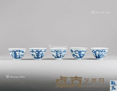 清道光 青花岁寒三友纹茶碗 （五件一组） 直径9.3cm；高5.5cm