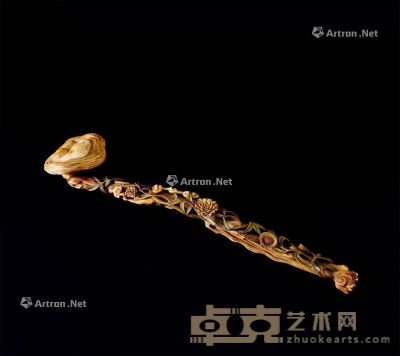 清乾隆 牙染色镂雕灵芝花卉纹如意摆件 长38cm