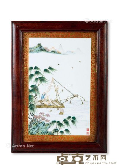 清代 郎世宁 珐琅彩渔乐图纹瓷板挂屏 34×22.7cm