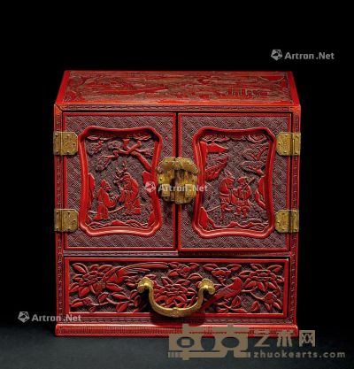 清代 剔红楼阁人物纹小箱 长24.6cm；宽17；高24cm