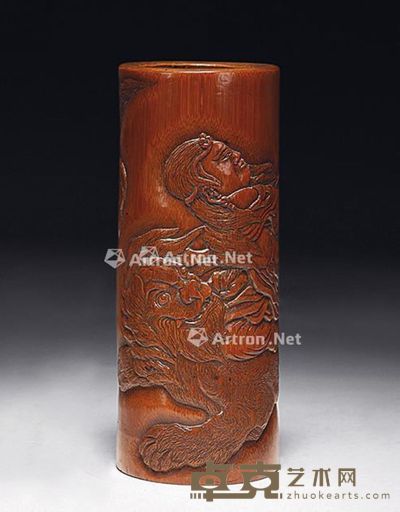 竹刻人物故事图笔筒 高14.1cm；直径5.1cm