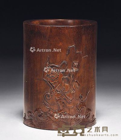 紫檀木刻魁星点斗图笔筒 高11.8cm；直径8.8cm