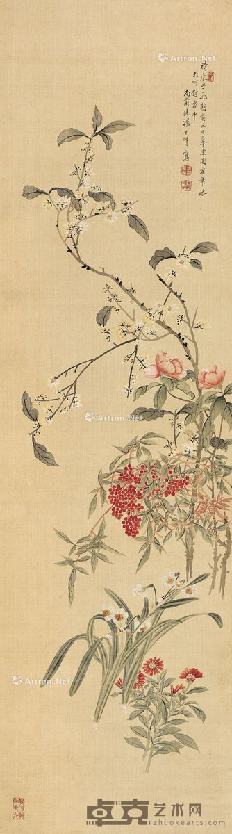 汤世澍 花卉 140×39cm
