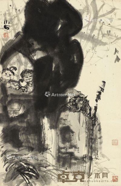 傅小石 顽童戏老叟 67.5×44cm