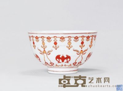 清道光 矾红彩五蝠纹碗 直径12cm