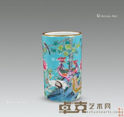 咸丰 官窑松绿釉五伦图笔筒 高10.5cm