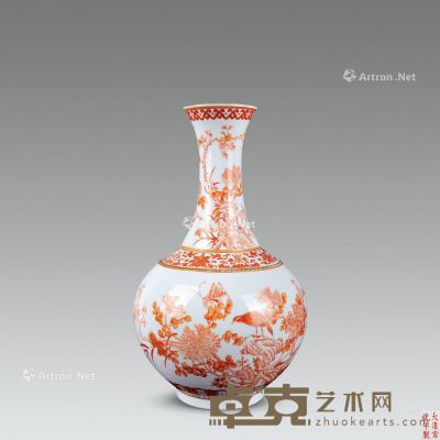 宣统 官窑樊红描金花卉赏瓶 高40.5cm