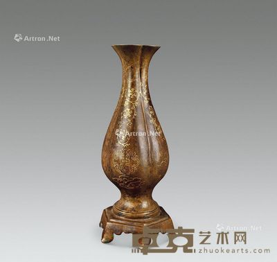 清代 铜嵌金丝双凤捧寿瓶 高33.5cm