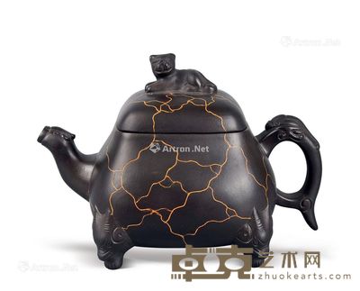 徐汉棠冰纹墨泥异兽壶 长15cm