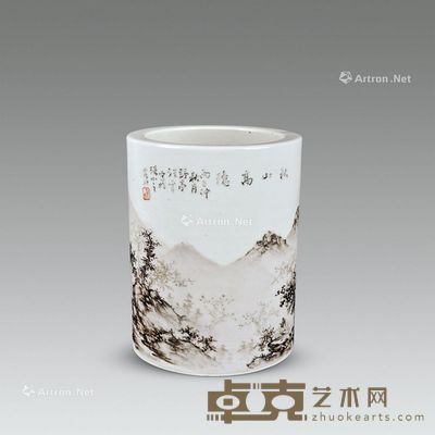 民国 汪野亭墨彩山水笔筒 高15cm