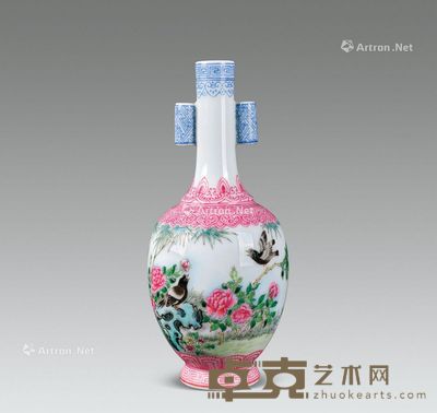 民国 珐琅彩富贵和鸣双耳小瓶 高15.5cm