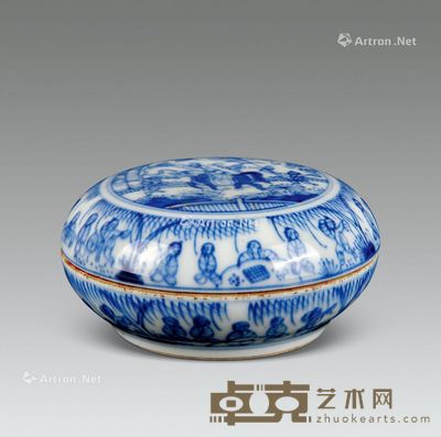 康熙 青花线描麒麟送子印盒 直径9.5cm