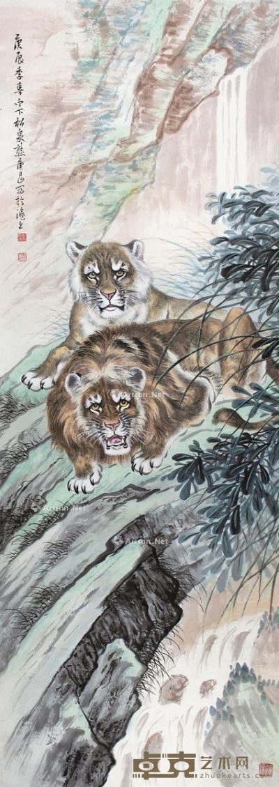 熊松泉 双狮图 122×42cm