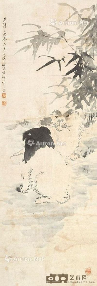 任伯年 双犬 92×31cm