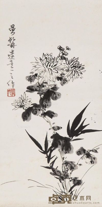 郑曼青 墨竹菊 52×26cm