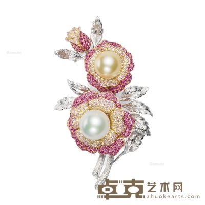 天然南洋珍珠配钻石胸针 白珍珠约1.6cm；金珠约1.45cm
