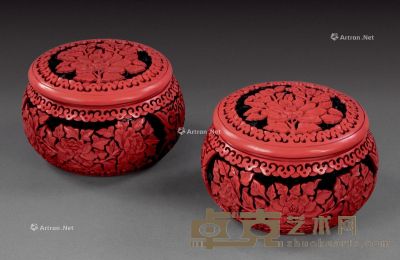李志刚 雕漆黑地红花围棋盒 （2件） 直径14cm