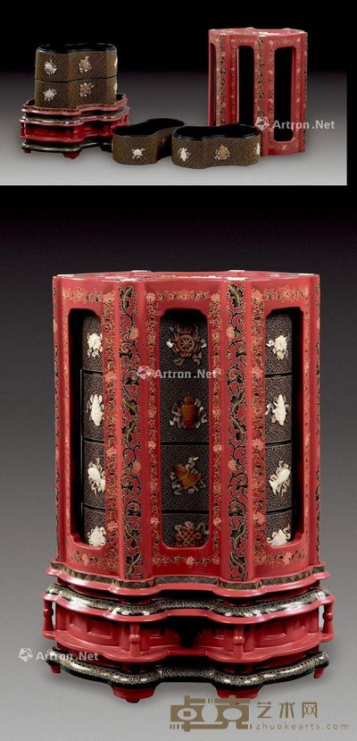万紫 金漆镶嵌八吉祥套盒 高32cm