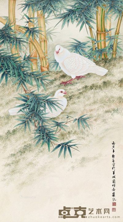 梁纪 竹园双鸡 119×59cm