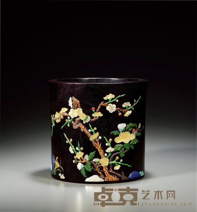 清 紫檀嵌百宝笔筒 高18.5cm；口径19.5cm