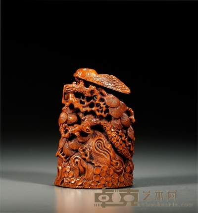 清 黄杨木雕松蝉摆件 高12.7cm