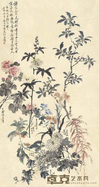 汪琨 商笙伯 张聿光 李芳园 百花争艳图 174×91.5cm