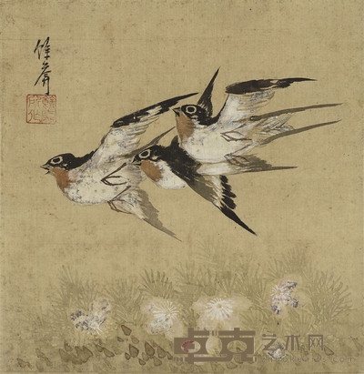 傅余庵 春草飞燕图 27×26cm