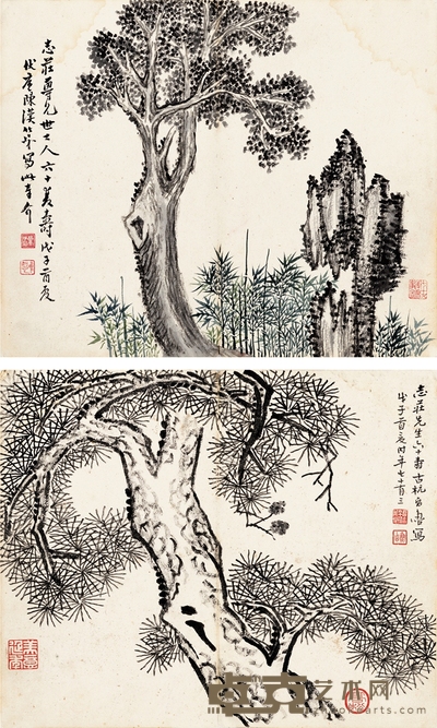 陈汉第 高时丰 竹树长春图 劲松图 32.5×26.5cm×2