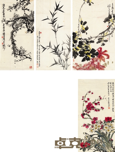 郦承铨 朱颖人 潘渭滨 邓端和 花卉四帧 81×41cm；62.5×38cm；70×34cm；68×33cm