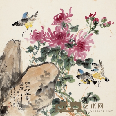 张渊 秋菊鸟鸣图 47.5×47cm