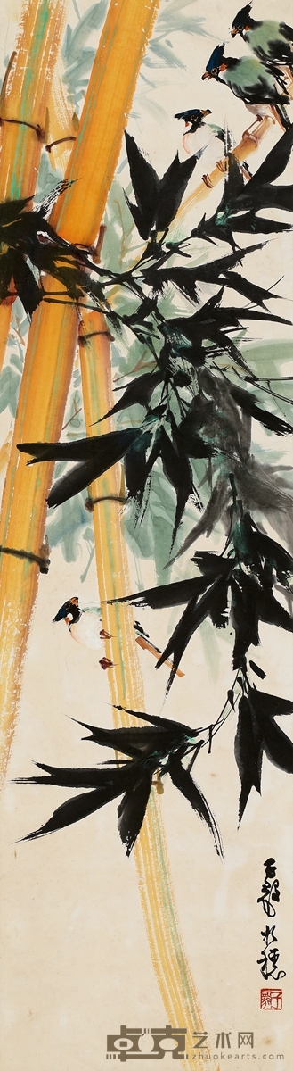 陈子毅 竹丛小鸟图 116.5×32cm