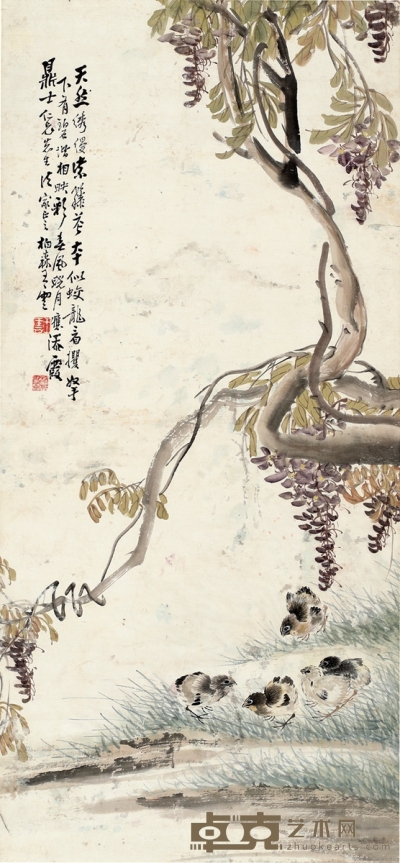 王云 紫藤禽趣图 92.5×42cm