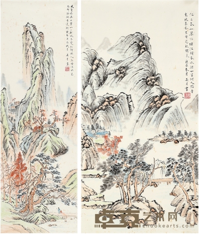 吴月 春水踏青图 67×34cm；102×33cm