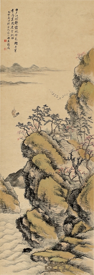 张俊 江村晚景图 93.5×32cm