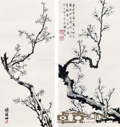 梁溪孙 钱苏娜 墨梅 69×30cm×2
