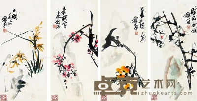 花卉 （四桢） 镜片 设色纸本 38×18cm×4
