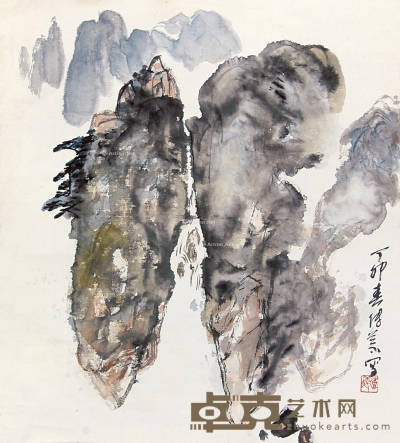 1987年作 峡江山水 托片 设色纸本 50×45cm