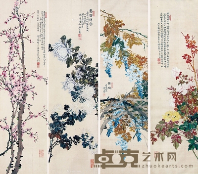 龚植     1939年作 四季花卉 99×27cm×4