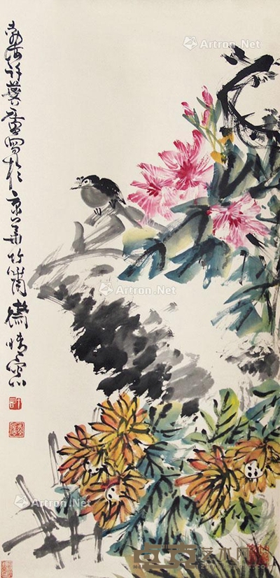 许麟庐     菊石小鸟 100×49cm