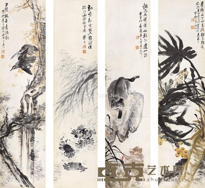 吴茀之 花鸟 四屏 137×33cm×4